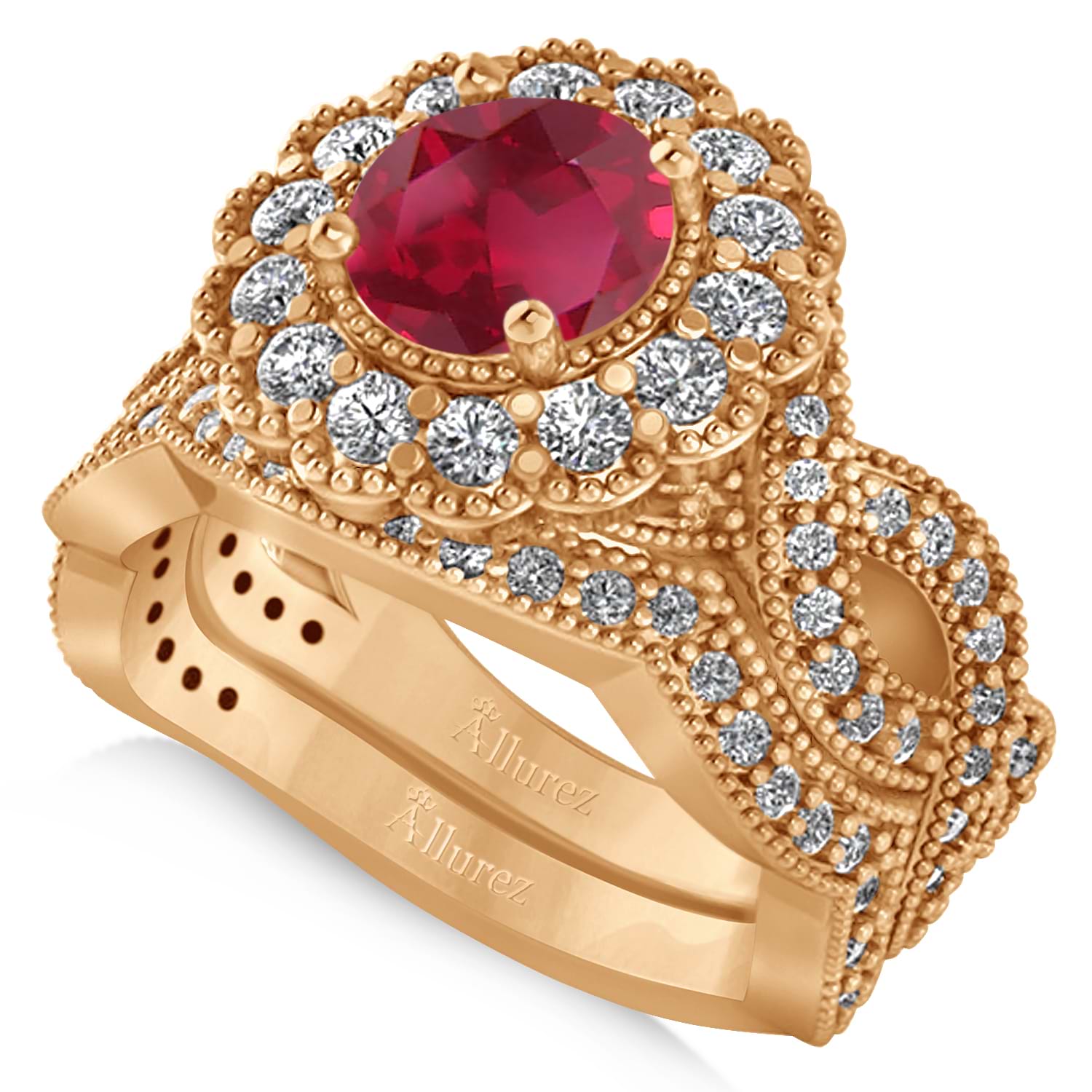 Diamond & Ruby Flower Halo Bridal Set 14k Rose Gold (2.22ct)