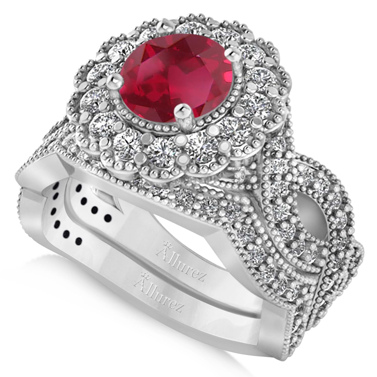 Diamond & Ruby Flower Halo Bridal Set 14k White Gold (2.22ct)