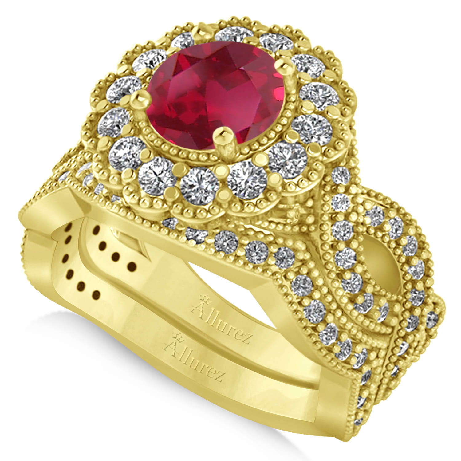 Diamond & Ruby Flower Halo Bridal Set 14k Yellow Gold (2.22ct)