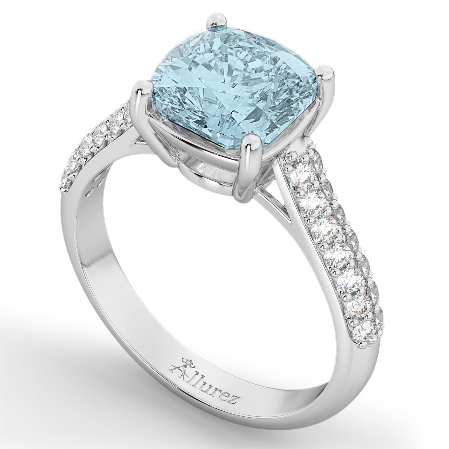 Cushion Cut Aquamarine & Diamond Engagement Ring 14k White Gold 4.42ct ...