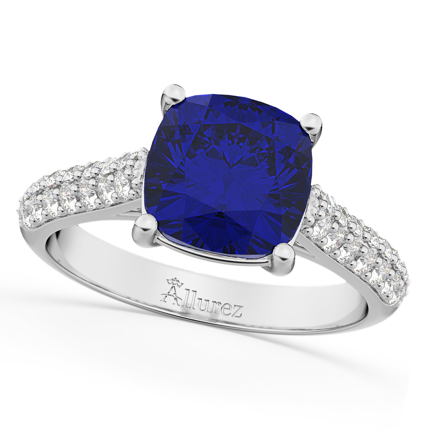 Cushion Cut Blue Sapphire & Diamond Ring 18k White Gold (4.42ct)
