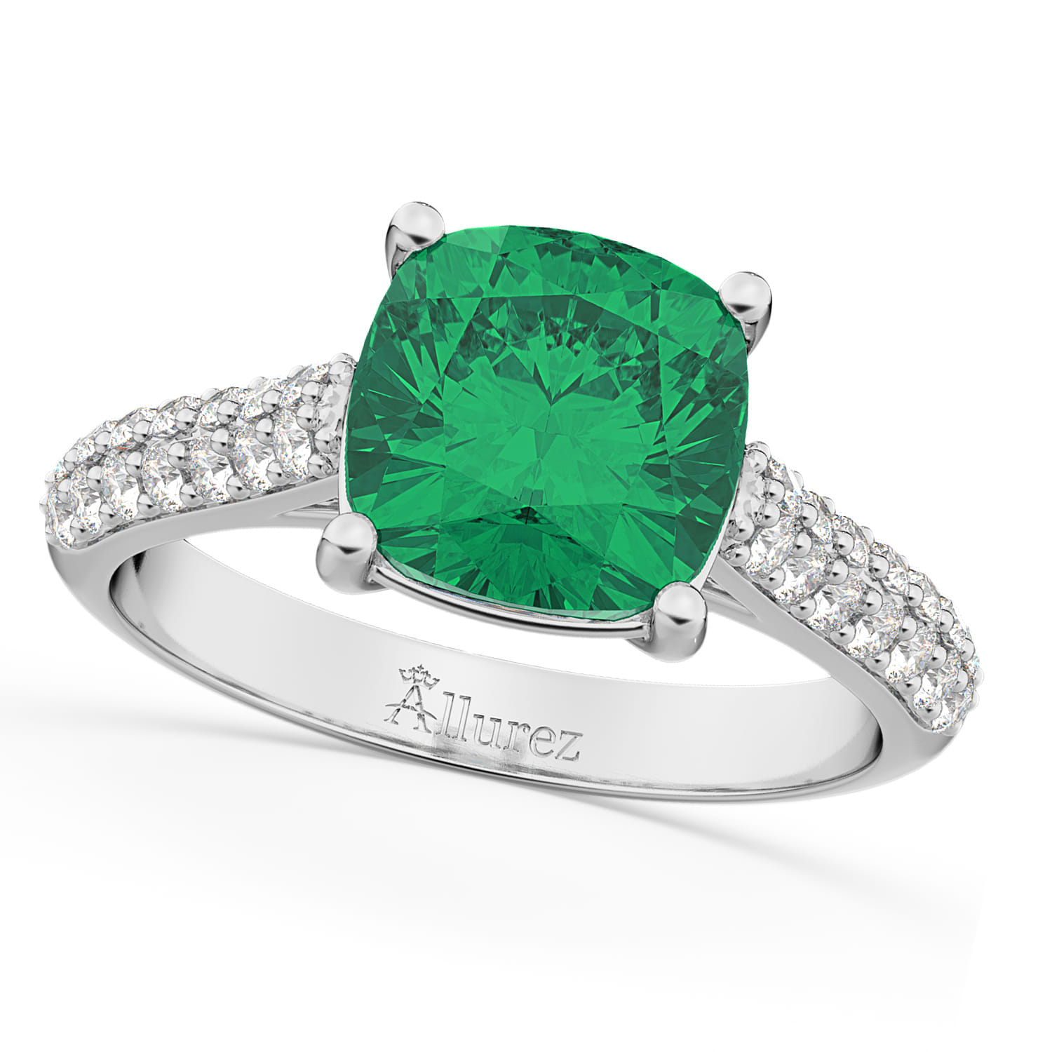 Cushion Cut Emerald & Diamond Engagement Ring 14k White Gold (4.42ct)