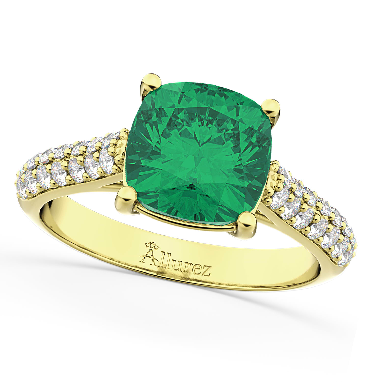 Cushion Cut Emerald & Diamond Engagement Ring 18k Yellow Gold (4.42ct)