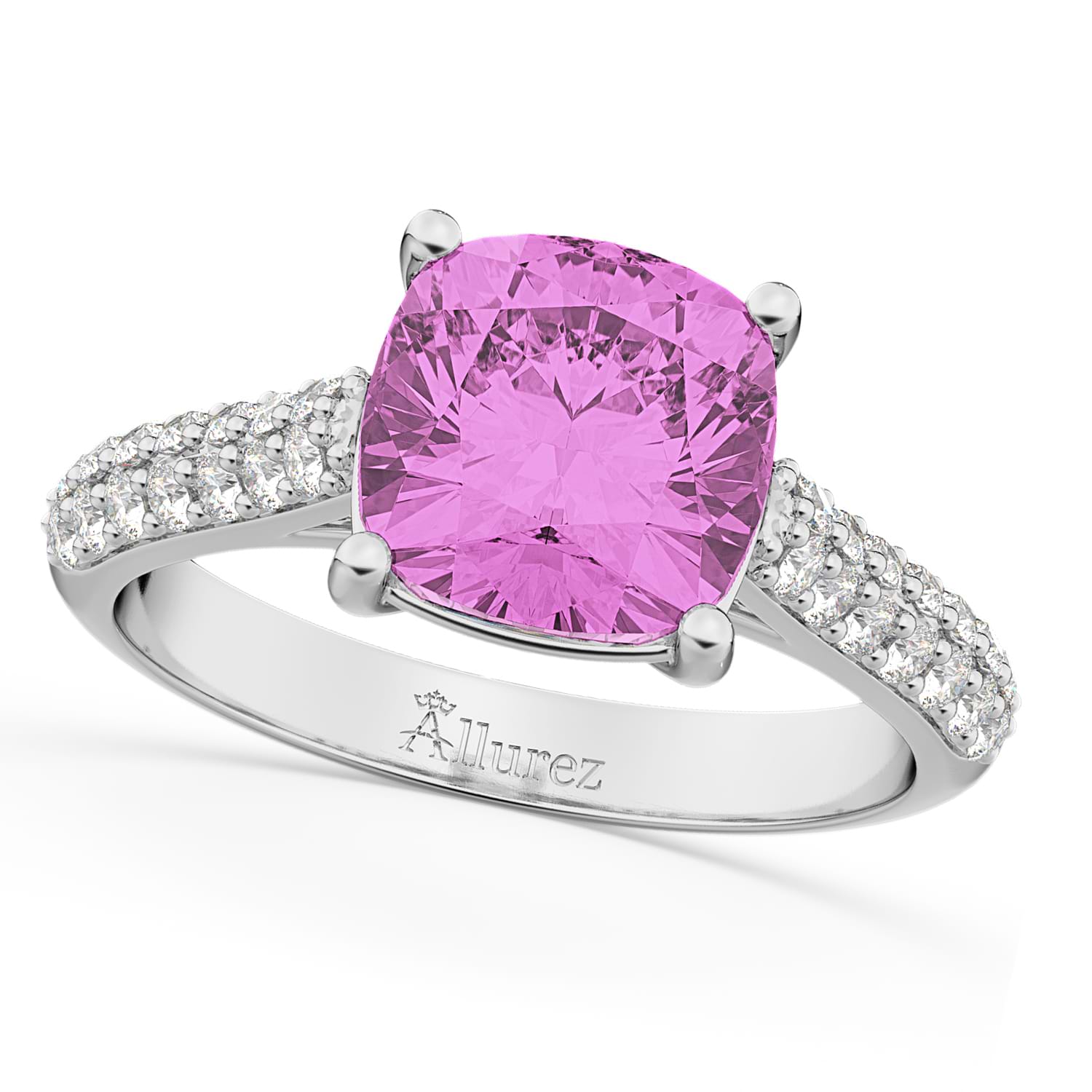 Cushion Cut Pink Sapphire & Diamond Ring 14k White Gold (4.42ct)