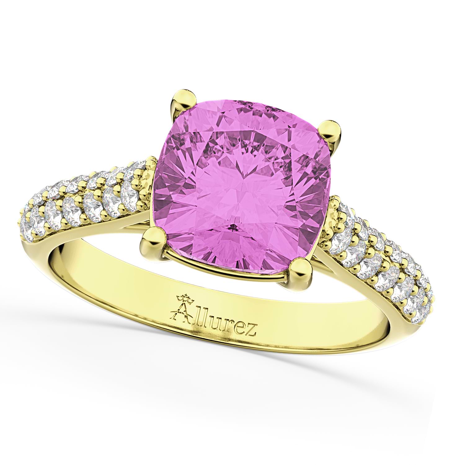 Cushion Cut Pink Sapphire & Diamond Ring 14k Yellow Gold (4.42ct)