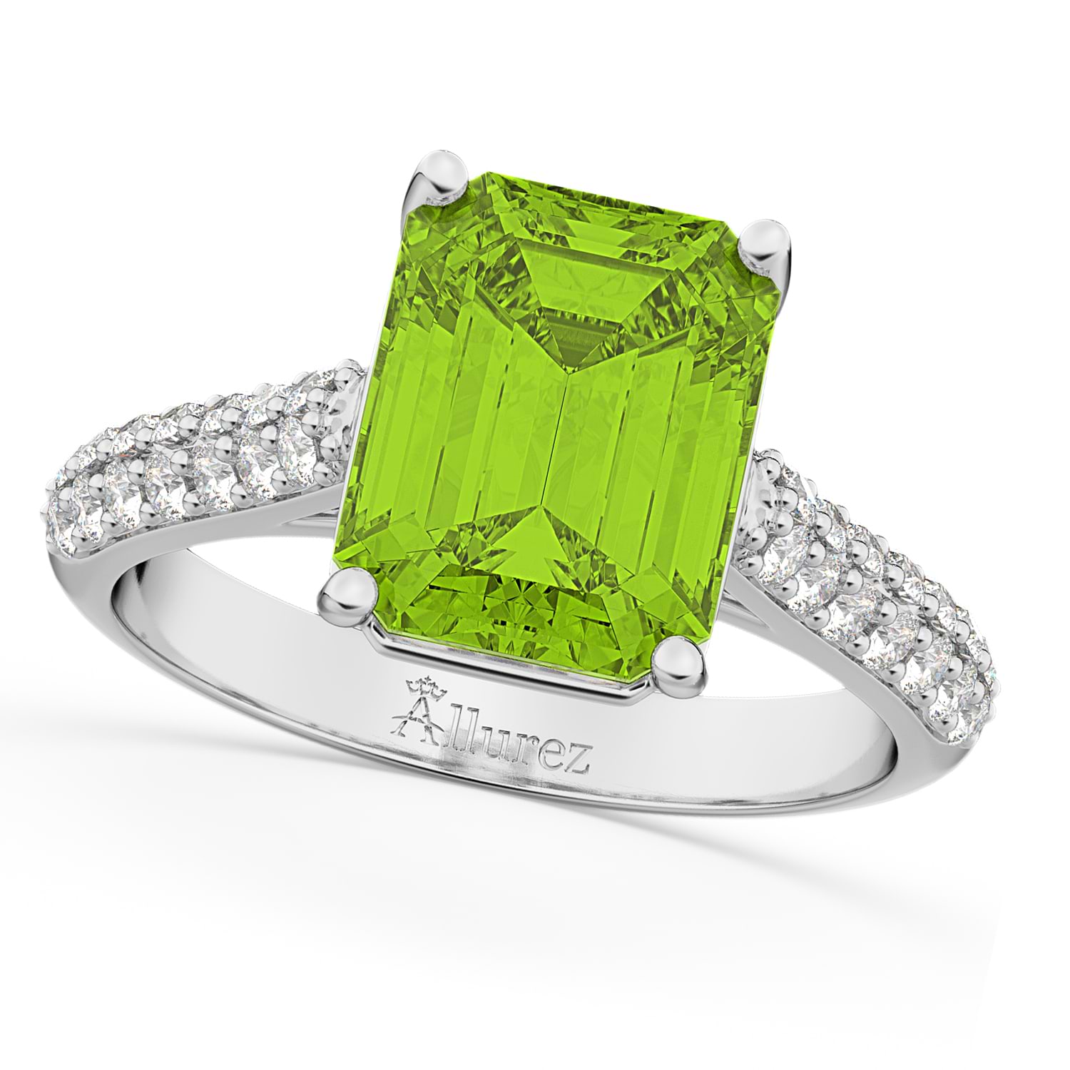 Emerald-Cut Peridot & Diamond Ring 18k White Gold (5.54ct)