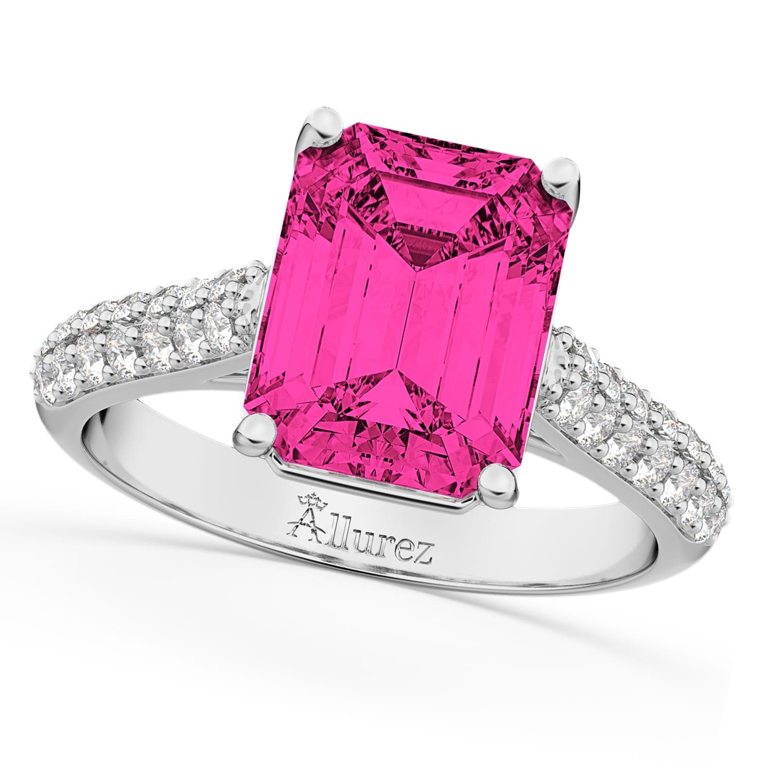 14K White Gold Diamond & Emerald Cut Pink Topaz Two Row Ring 