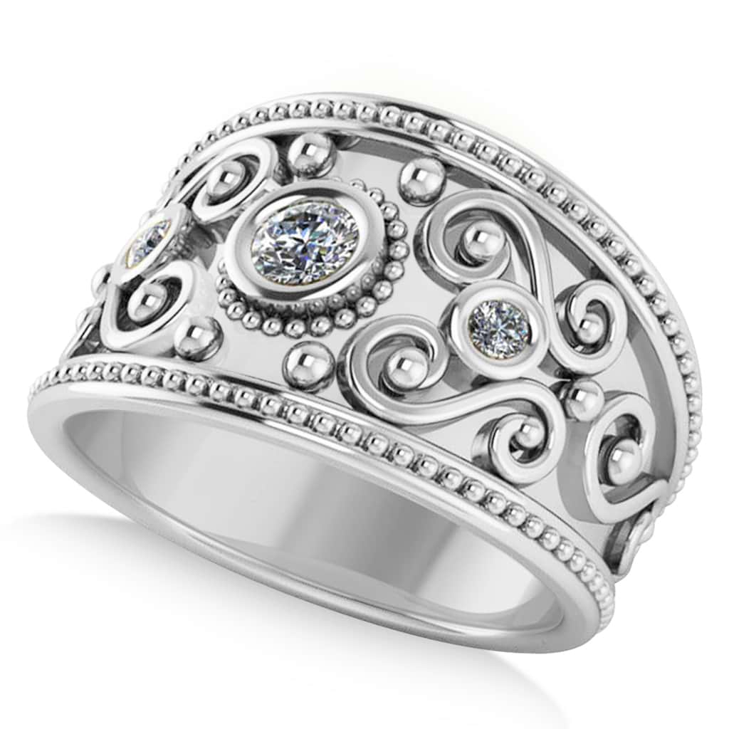 Diamond Swirl Bezel Set Byzantine Ring 14k White Gold (0.21ct)