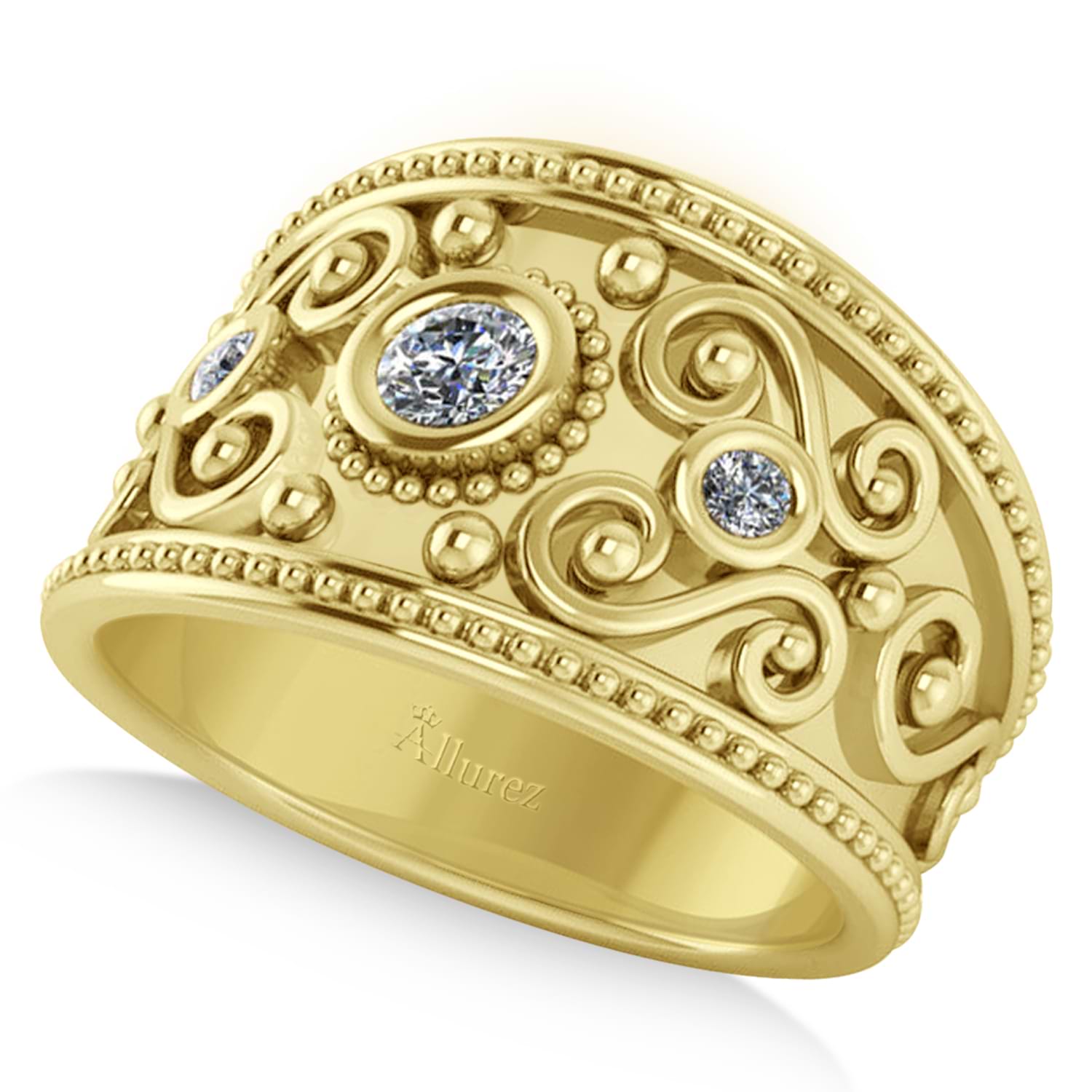 terrorisme pin Vergoeding Diamond Swirl Bezel Set Byzantine Ring 14k Yellow Gold 0.21ct - AD7069