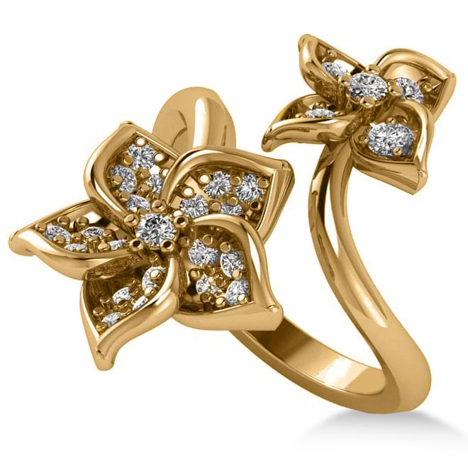 Diamond Double Flower Bypass Ladies Ring 14k Yellow Gold (0.48ct)