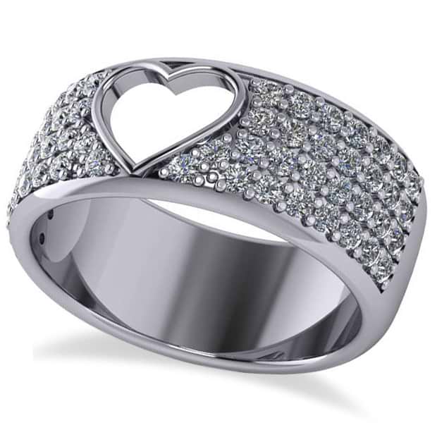 Open Heart Wide Band Pave Diamond Ring 14k White Gold (1.00ct)