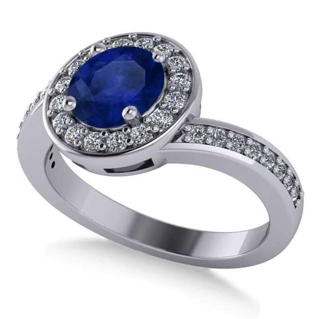 Round Blue Sapphire Halo Engagement Ring 14k White Gold (1.40ct)