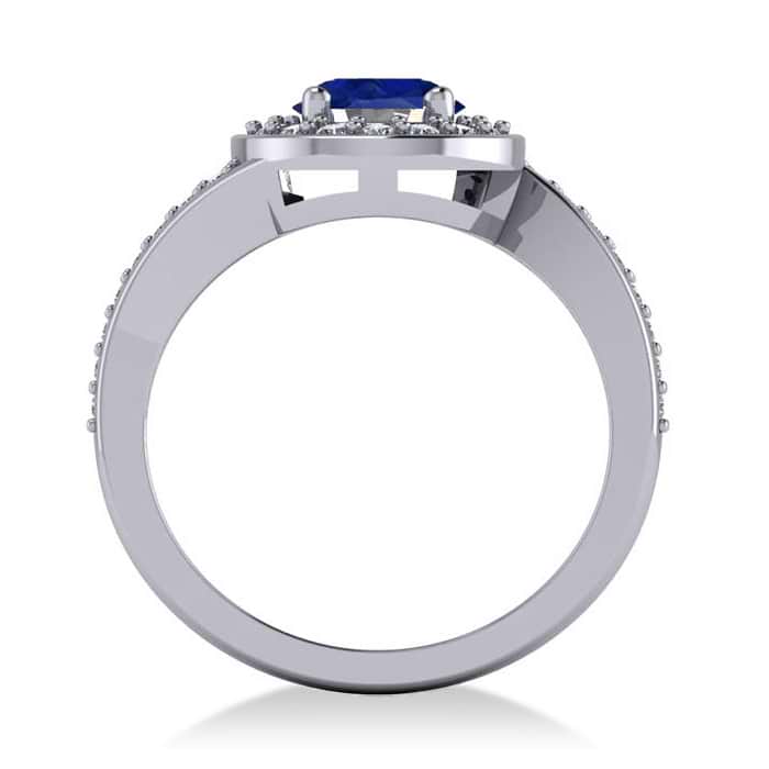 Round Blue Sapphire Halo Engagement Ring 14k White Gold (1.40ct)