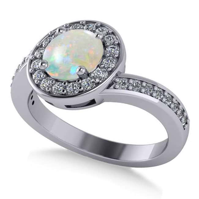 Round Opal Halo Engagement Ring 14k White Gold (1.40ct)