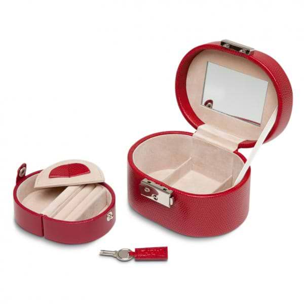 WOLF Heritage Women's Small Oval Red Mirrored Travel Jewelry Box with Removable Tray