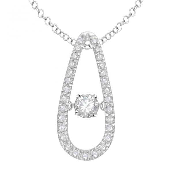 Diamond Teardrop Necklace w/ Dancing Center Stone 14k W. Gold 0.25ct