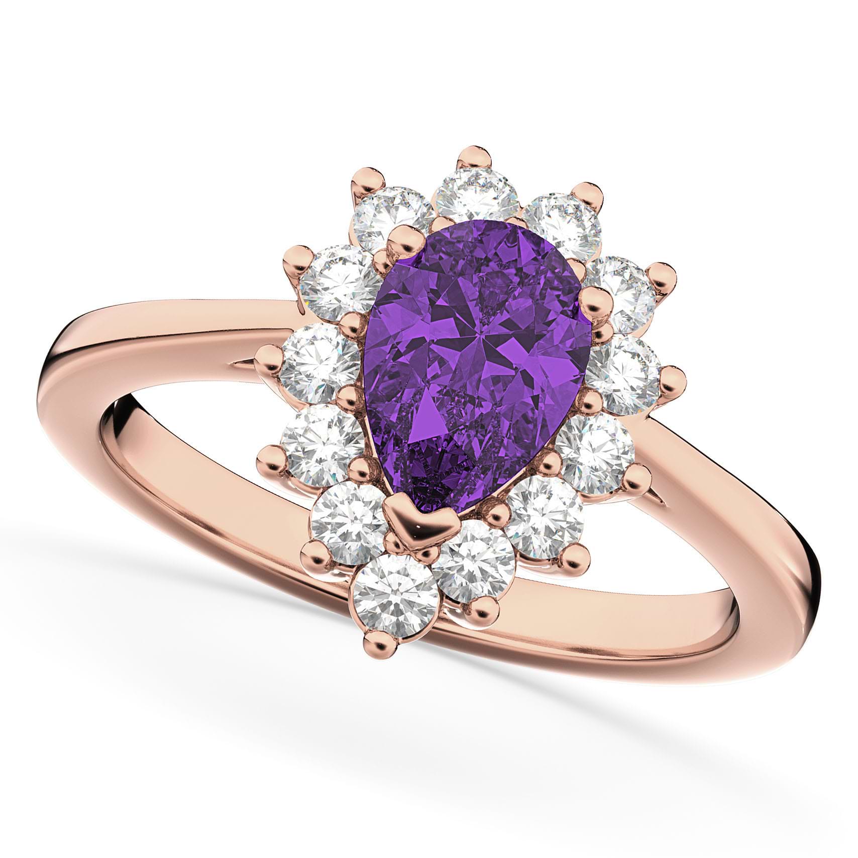 Halo Amethyst & Diamond Floral Pear Shaped Fashion Ring 14k Rose Gold (1.07ct)