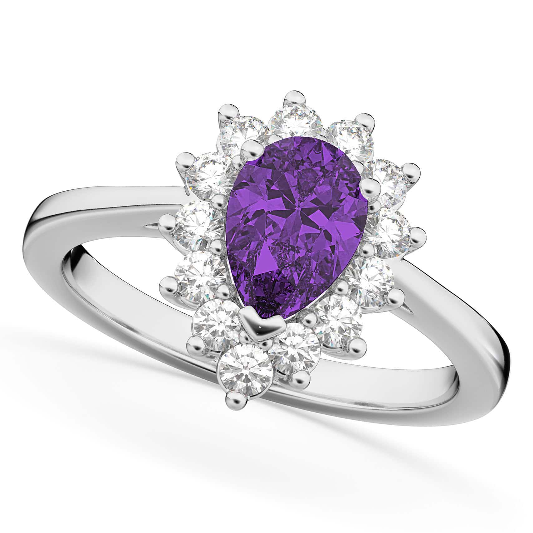 Halo Amethyst & Diamond Floral Pear Shaped Fashion Ring 14k White Gold (1.07ct)