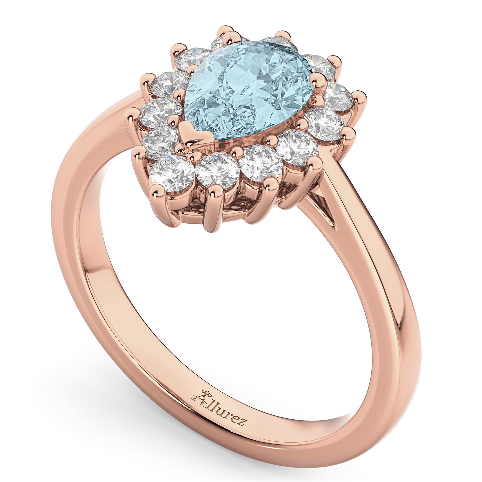 Halo Aquamarine & Diamond Floral Pear Shaped Fashion Ring 14k Rose Gold (1.07ct)