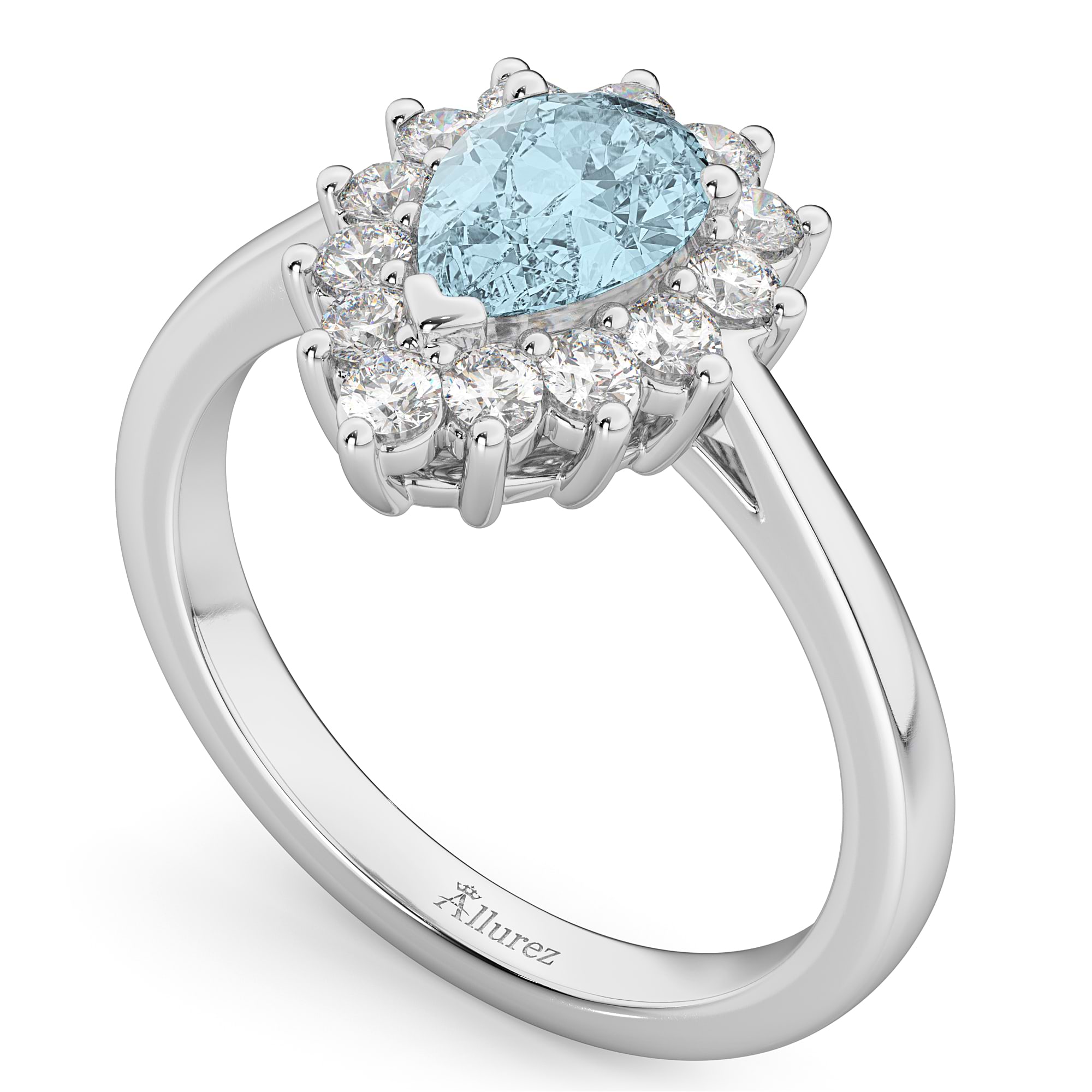 Halo Aquamarine & Diamond Floral Pear Shaped Fashion Ring 14k White Gold (1.07ct)