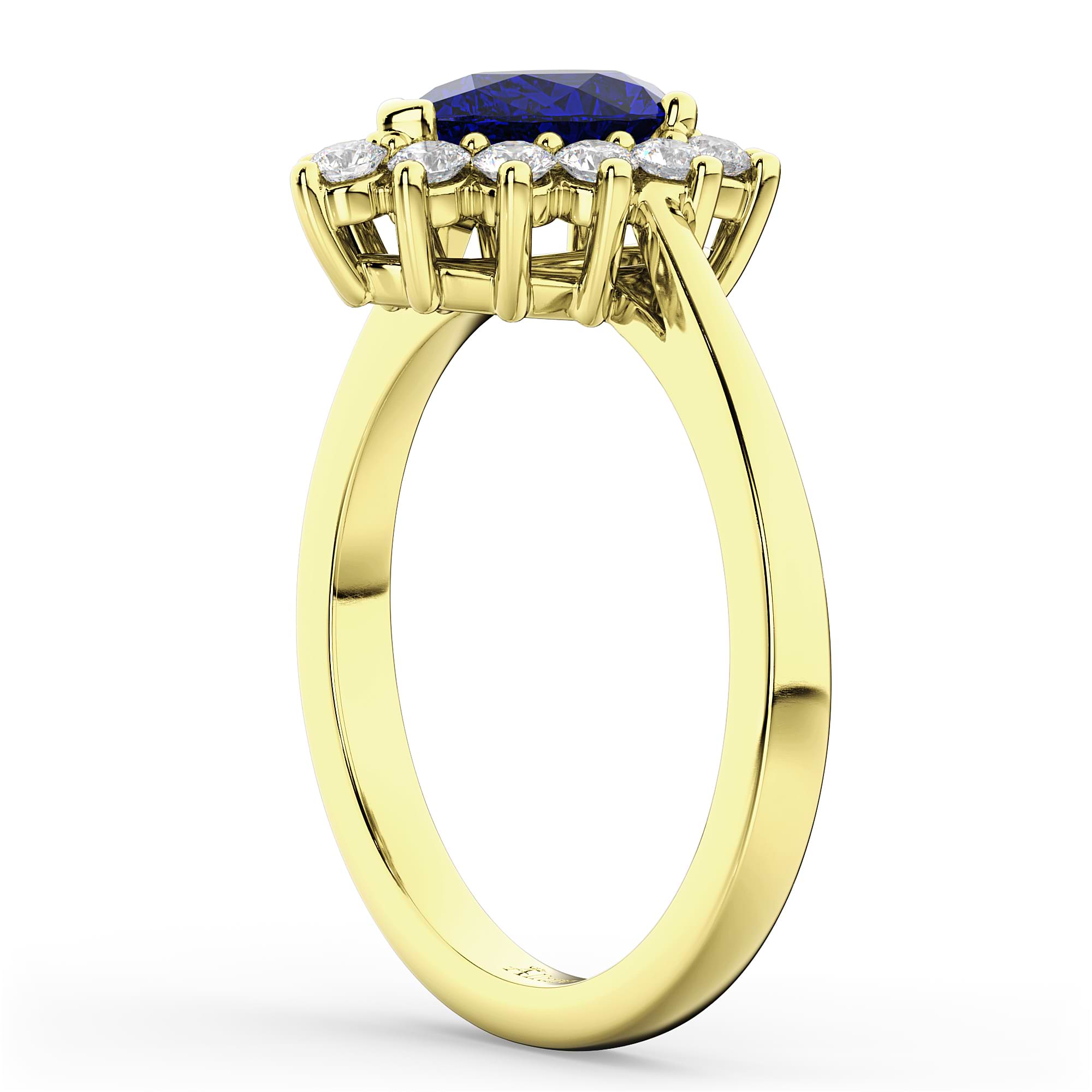 Halo Blue Sapphire & Diamond Floral Pear Shaped Fashion Ring 14k Yellow Gold (1.27ct)