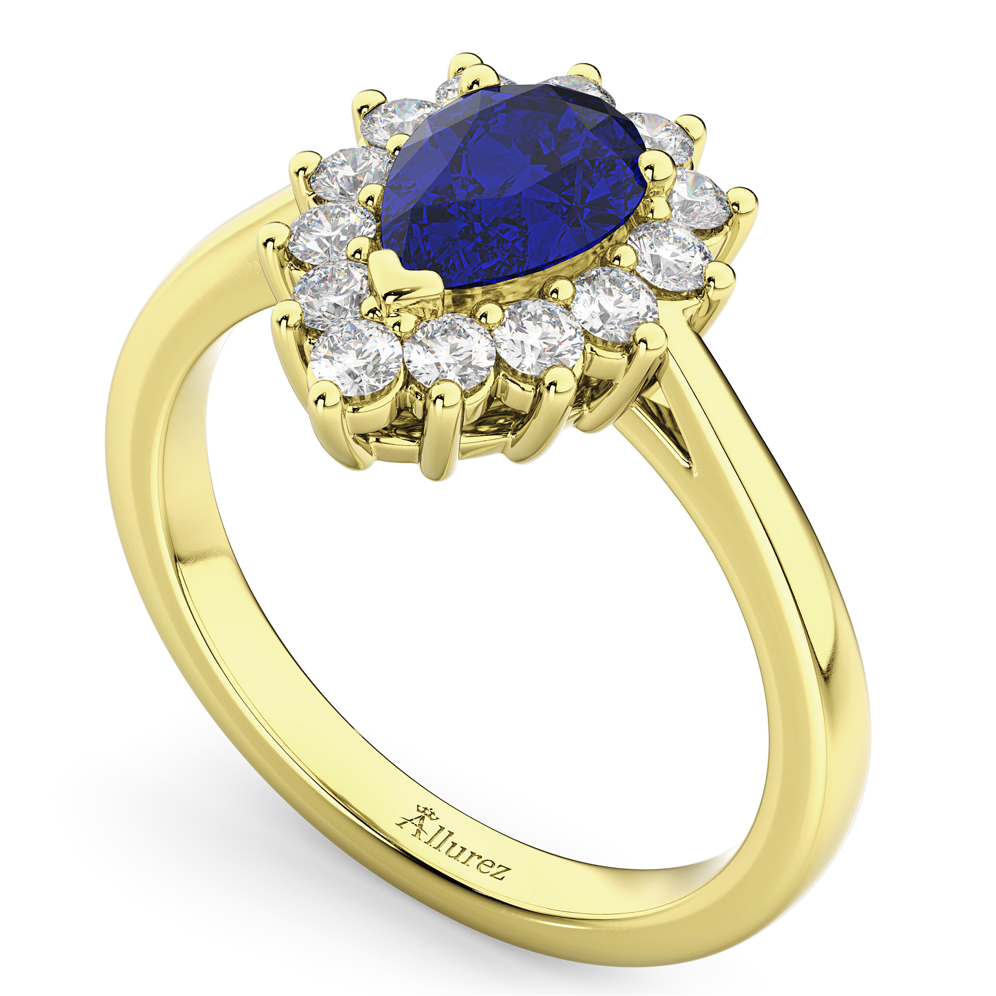 Halo Blue Sapphire & Diamond Floral Pear Shaped Fashion Ring 14k Yellow Gold (1.27ct)