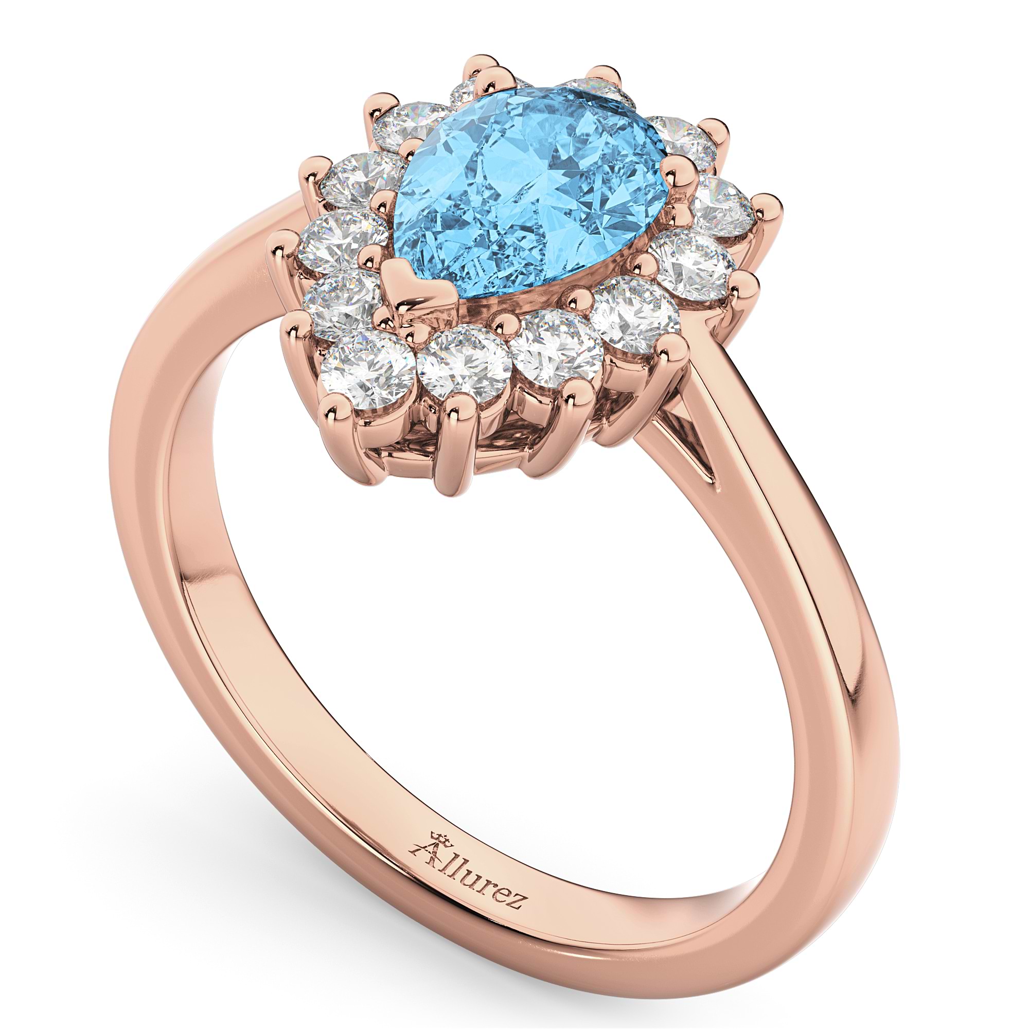 Halo Blue Topaz & Diamond Floral Pear Shaped Fashion Ring 14k Rose Gold (1.42ct)