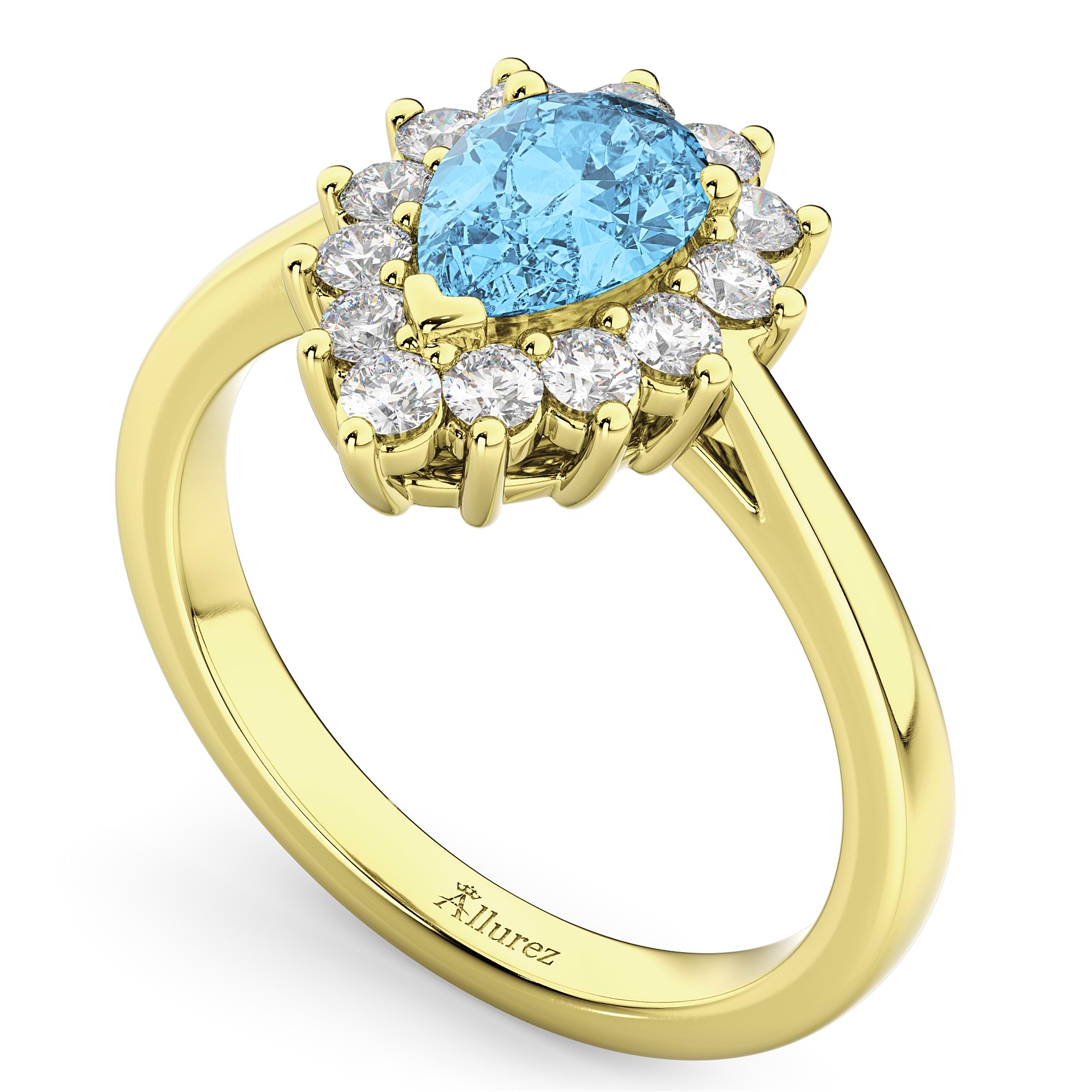 Halo Blue Topaz & Diamond Floral Pear Shaped Fashion Ring 14k Yellow Gold (1.42ct)