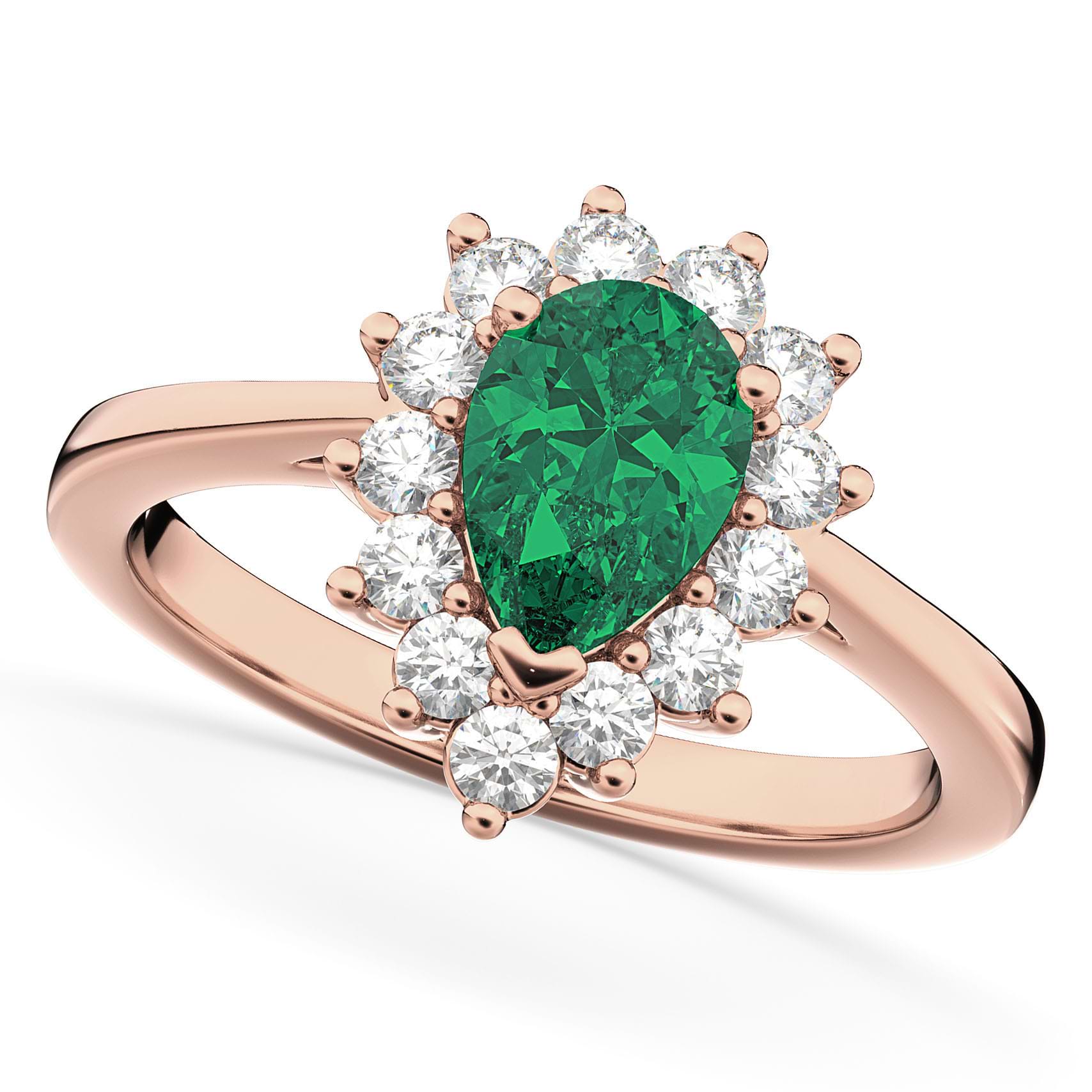 Halo Emerald & Diamond Floral Pear Shaped Fashion Ring 14k Rose Gold (1.12ct)