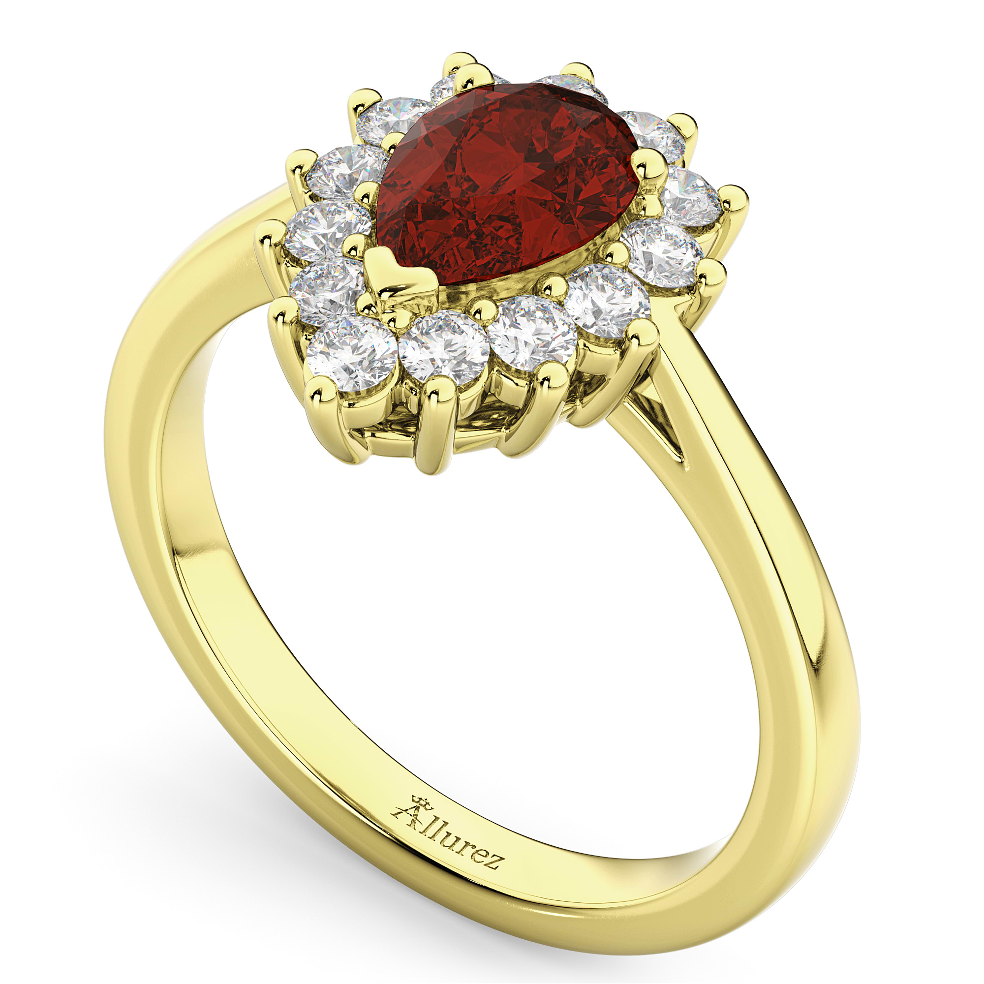 Halo Garnet & Diamond Floral Pear Shaped Fashion Ring 14k Yellow Gold (1.42ct)