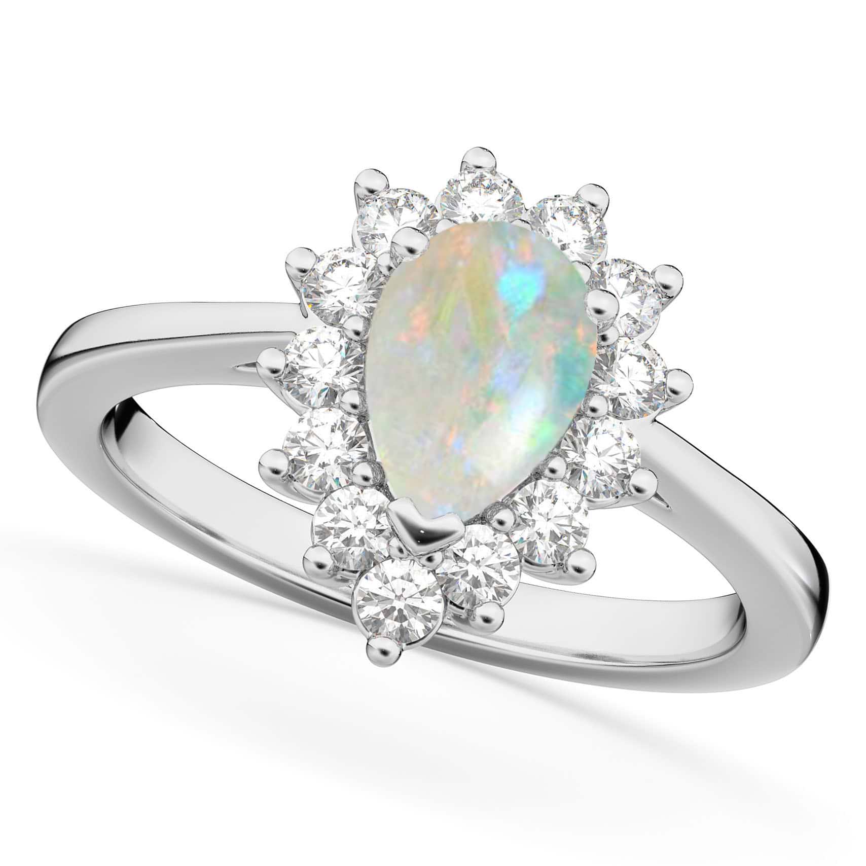 Halo Opal & Diamond Floral Pear Shaped Fashion Ring 14k White Gold (1.27ct)