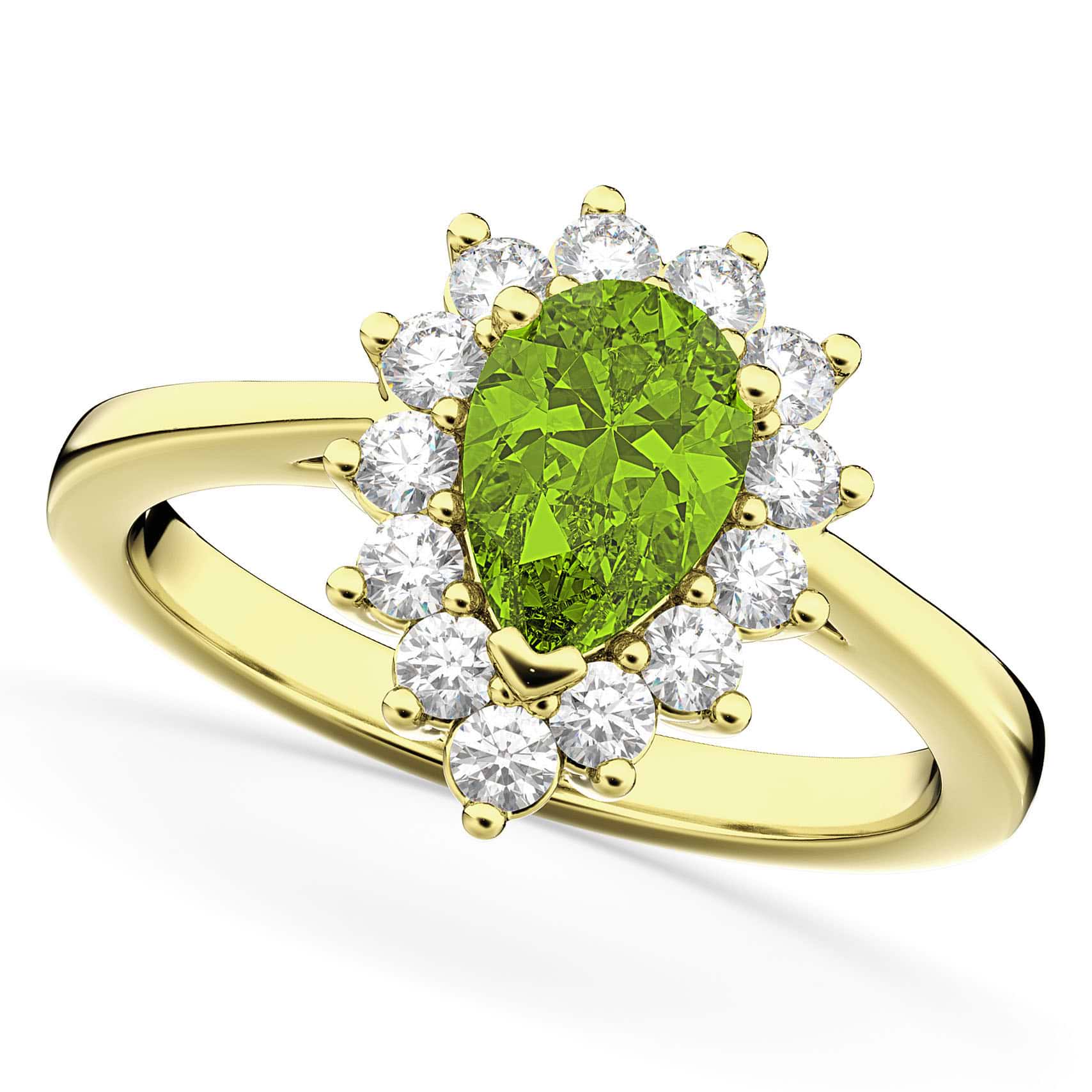 Halo Peridot & Diamond Floral Pear Shaped Fashion Ring 14k Yellow Gold (1.12ct)