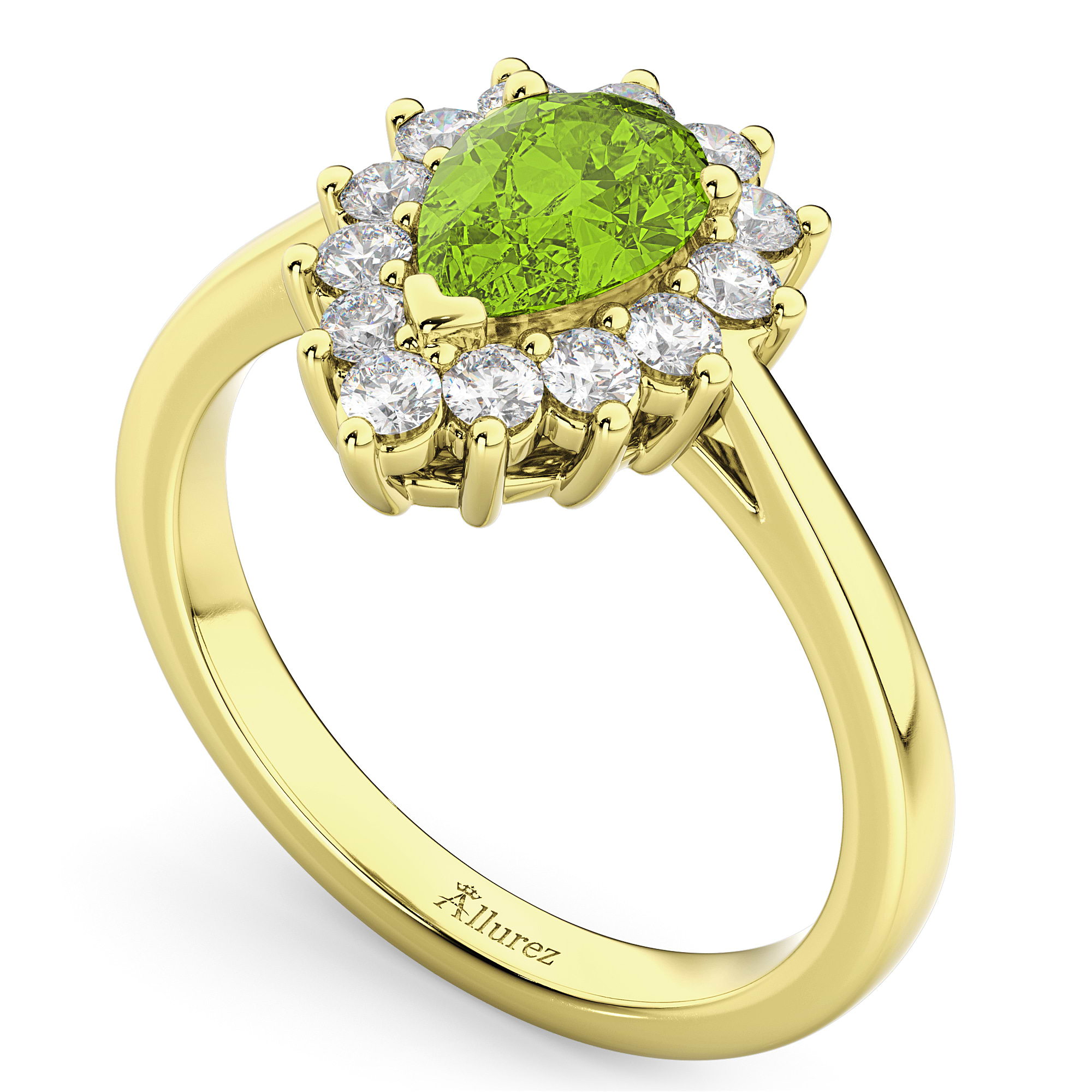 Halo Peridot & Diamond Floral Pear Shaped Fashion Ring 14k Yellow Gold (1.12ct)