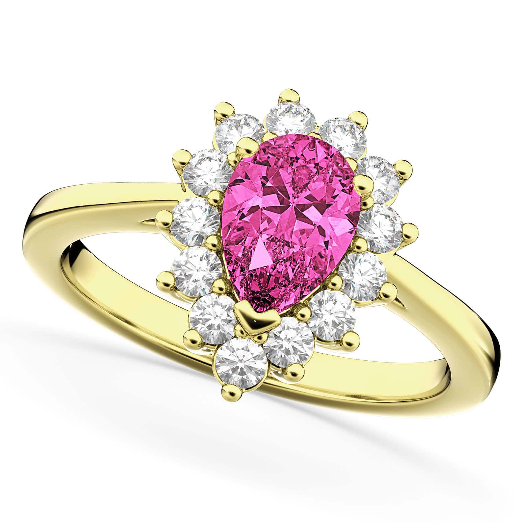 Halo Pink Tourmaline & Diamond Floral Pear Shaped Fashion Ring 14k Yellow Gold (1.02ct)