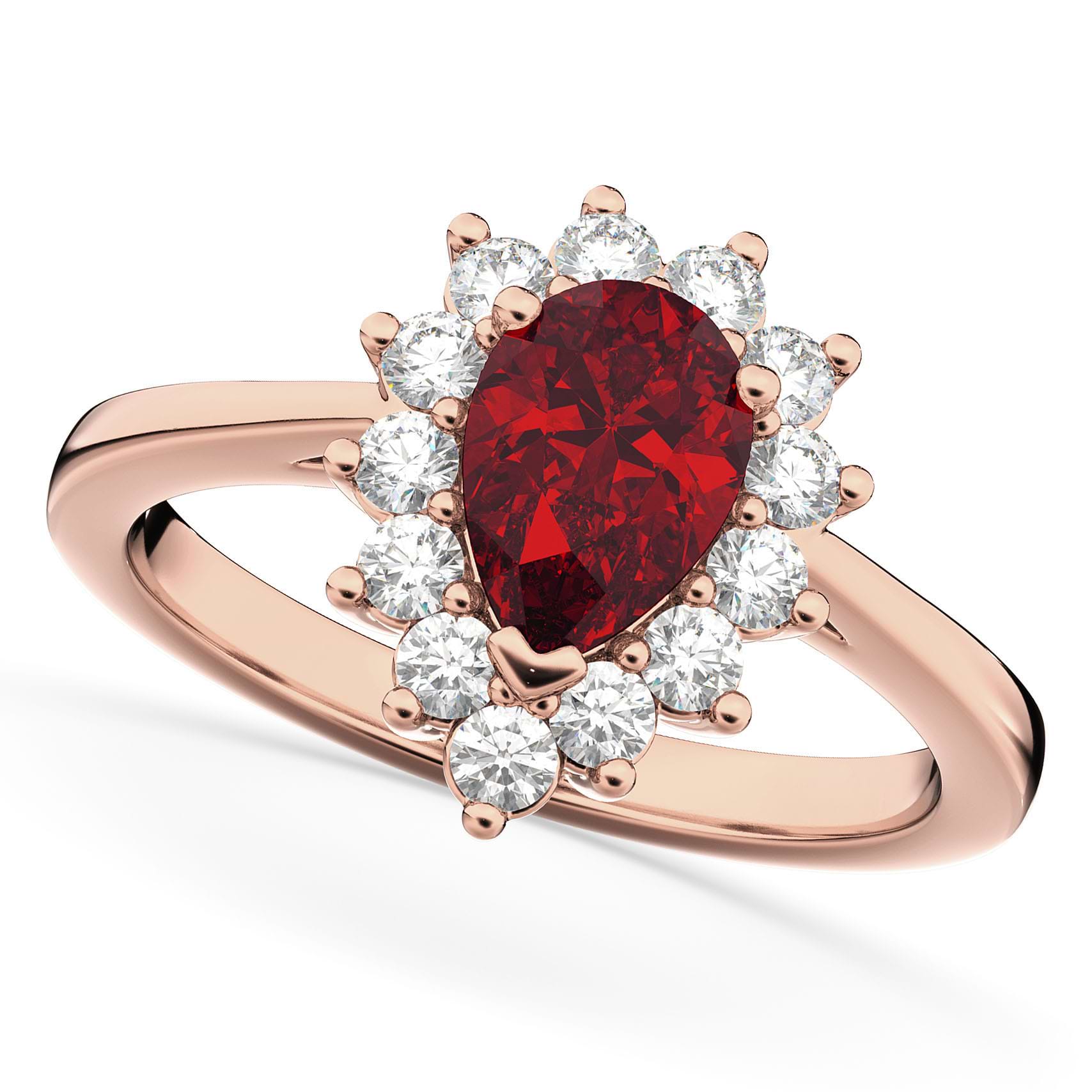 Halo Ruby & Diamond Floral Pear Shaped Fashion Ring 14k Rose Gold (1.27ct)