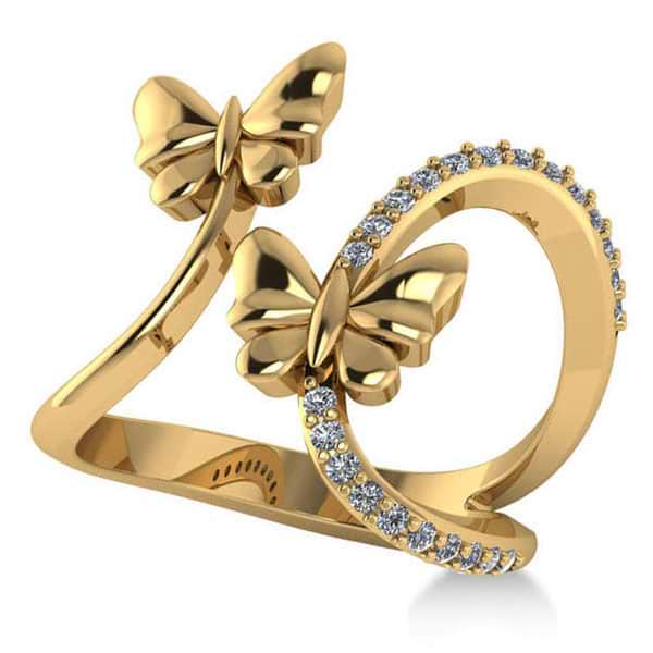 Diamond Accented Double Butterfly Fashion Ring 14k Yellow Gold (0.23ct)