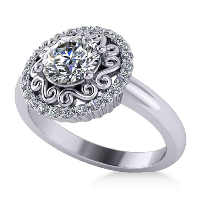 Diamond Swirl Halo Engagement Ring 14k White Gold (1.24ct)