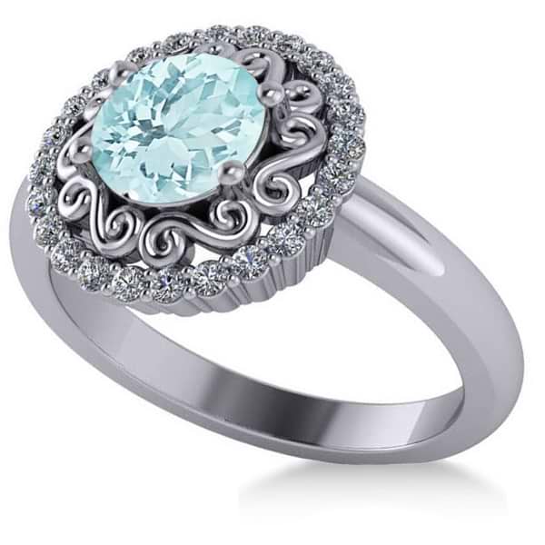 Aquamarine & Diamond Swirl Halo Engagement Ring 14k White Gold (1.24ct)