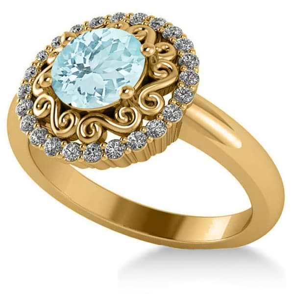 Aquamarine & Diamond Swirl Halo Engagement Ring 14k Yellow Gold (1.24ct)