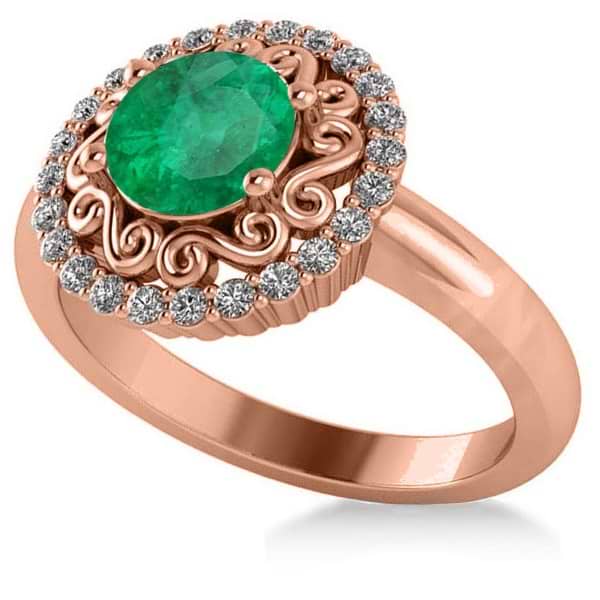 Emerald & Diamond Swirl Halo Engagement Ring 14k Rose Gold (1.24ct)