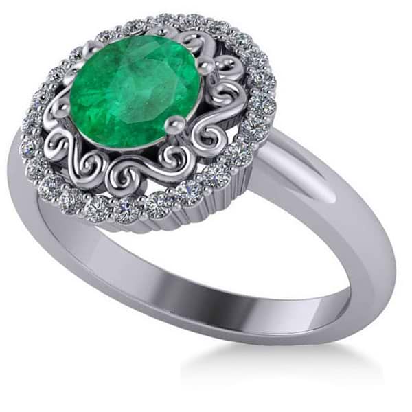 Emerald & Diamond Swirl Halo Engagement Ring 14k White Gold (1.24ct)