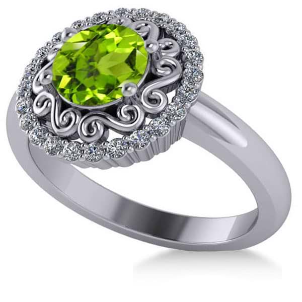 Peridot & Diamond Swirl Halo Engagement Ring 14k White Gold (1.24ct)