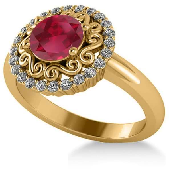 Ruby & Diamond Swirl Halo Engagement Ring 14k Yellow Gold (1.24ct)
