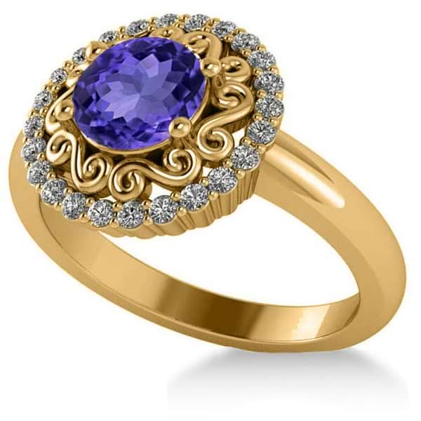 Tanzanite & Diamond Swirl Halo Engagement Ring 14k Yellow Gold (1.24ct)