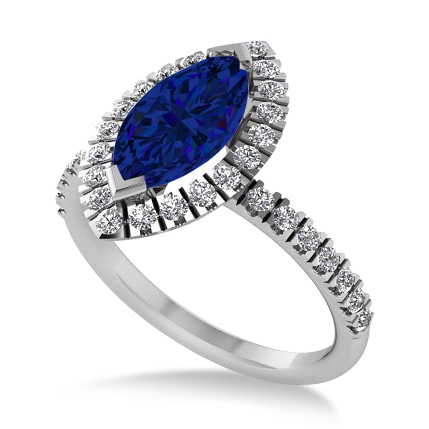 Blue Sapphire & Diamond Marquise Halo Engagement Ring 14k White Gold (1.84ct)