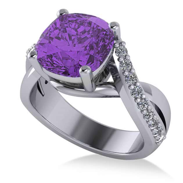 Twisted Cushion Amethyst Engagement Ring 14k White Gold (4.16ct)