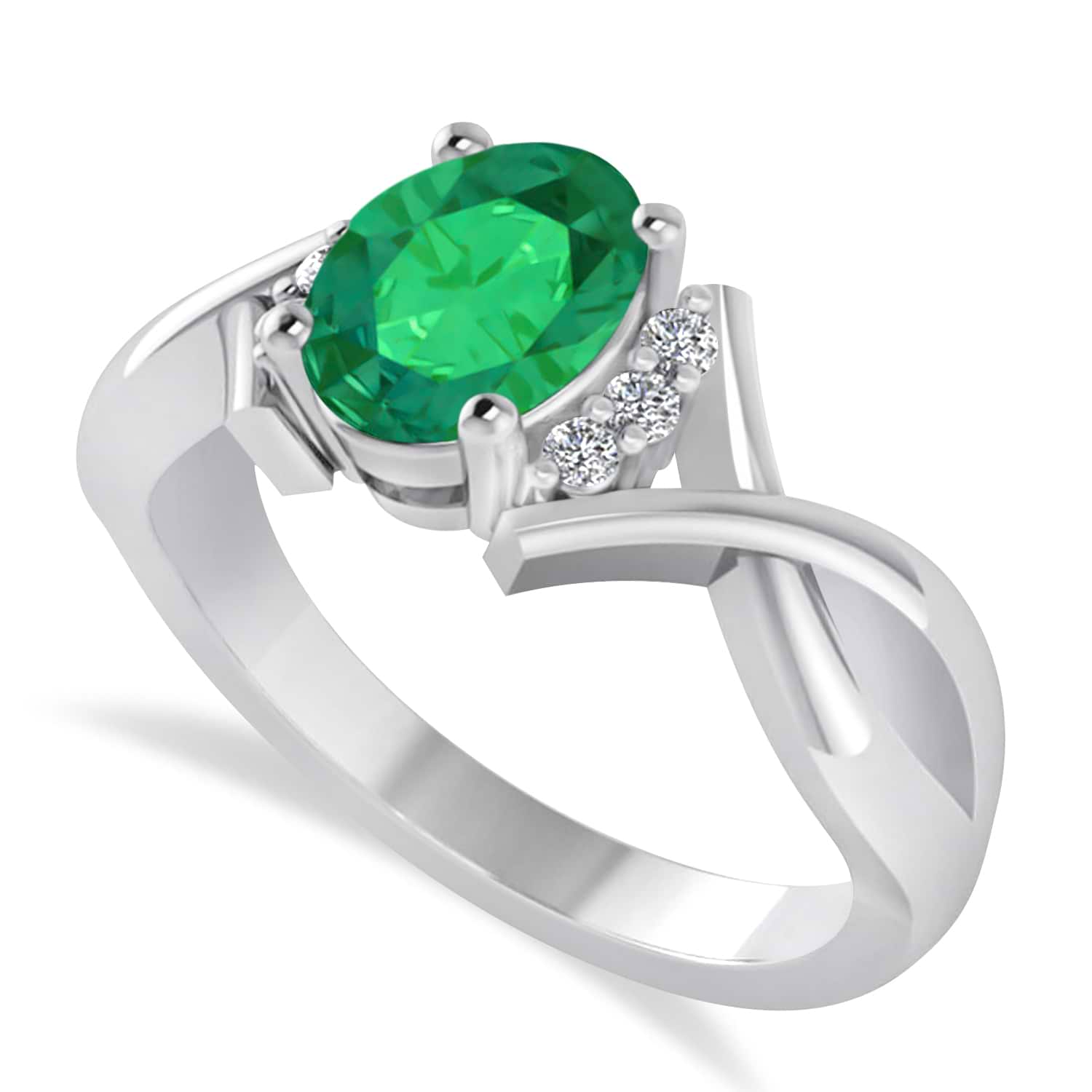 Oval Cut Emerald & Diamond Engagement Ring With Split Shank 14k White Gold (1.69ct)