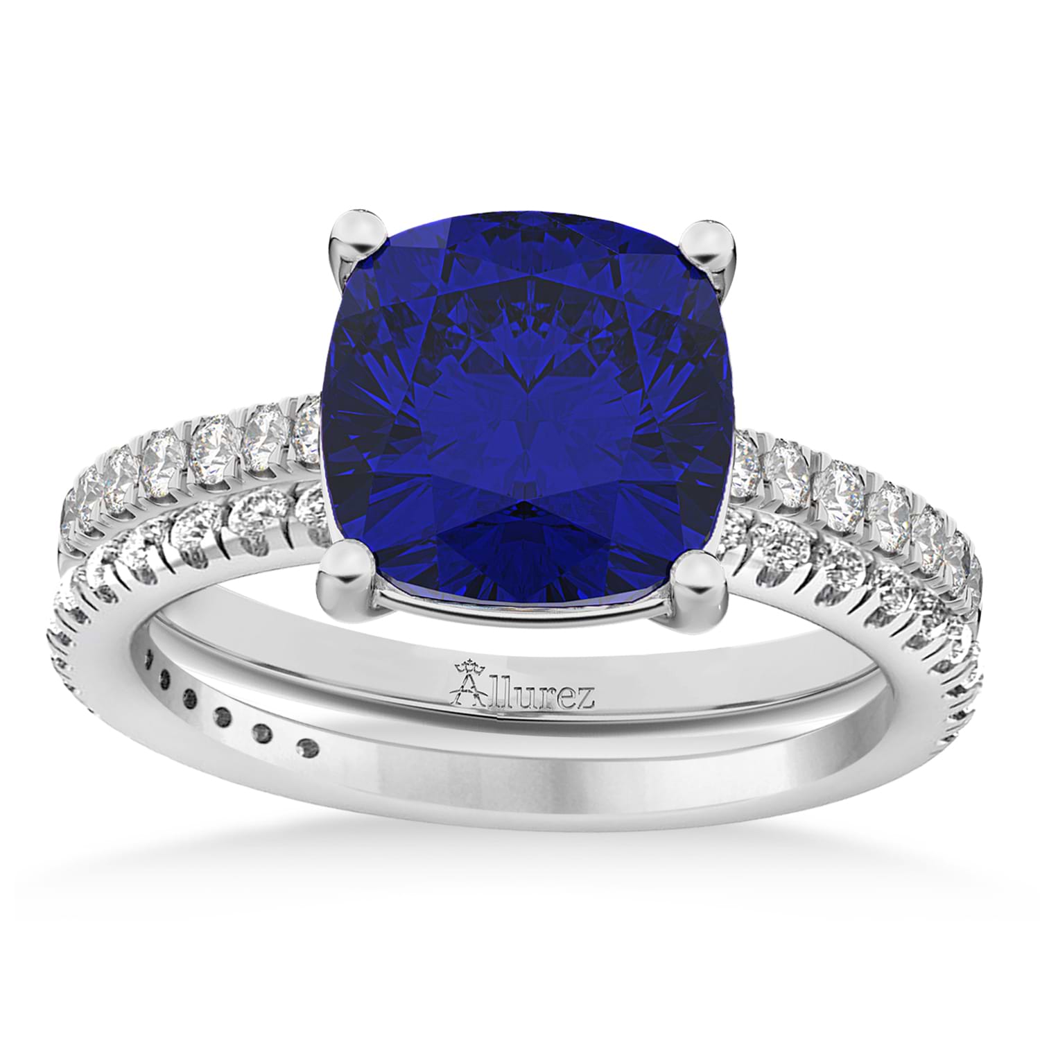 Blue Sapphire & Diamond Cushion-Set Semi-Eternity Bridal Set 14K White Gold (3.22ct)