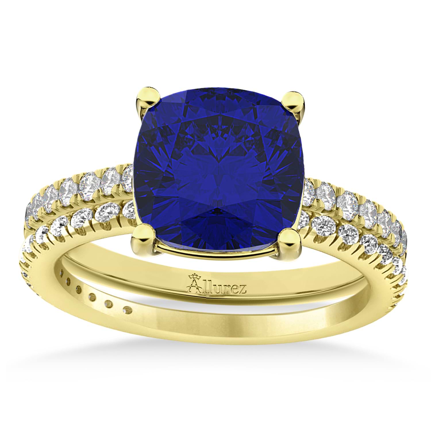 Blue Sapphire & Diamond Cushion-Set Semi-Eternity Bridal Set 14K Yellow Gold (3.22ct)