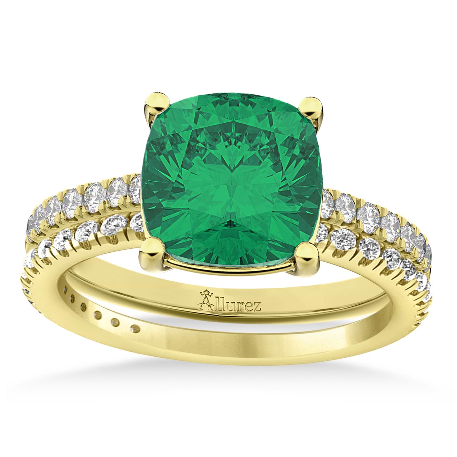 Emerald & Diamond Cushion-Set Semi-Eternity Bridal Set 14K Yellow Gold (3.22ct)